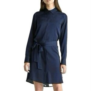 QUINCE Washable Stretch Silk Shirt Dress SZ XS Navy Blue Button Down Long Sleeve